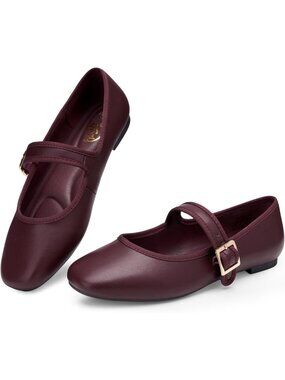 〽️Women's Mary Jane Flats Burgundy Dressy Square Toe Adjustable Buckle Strap